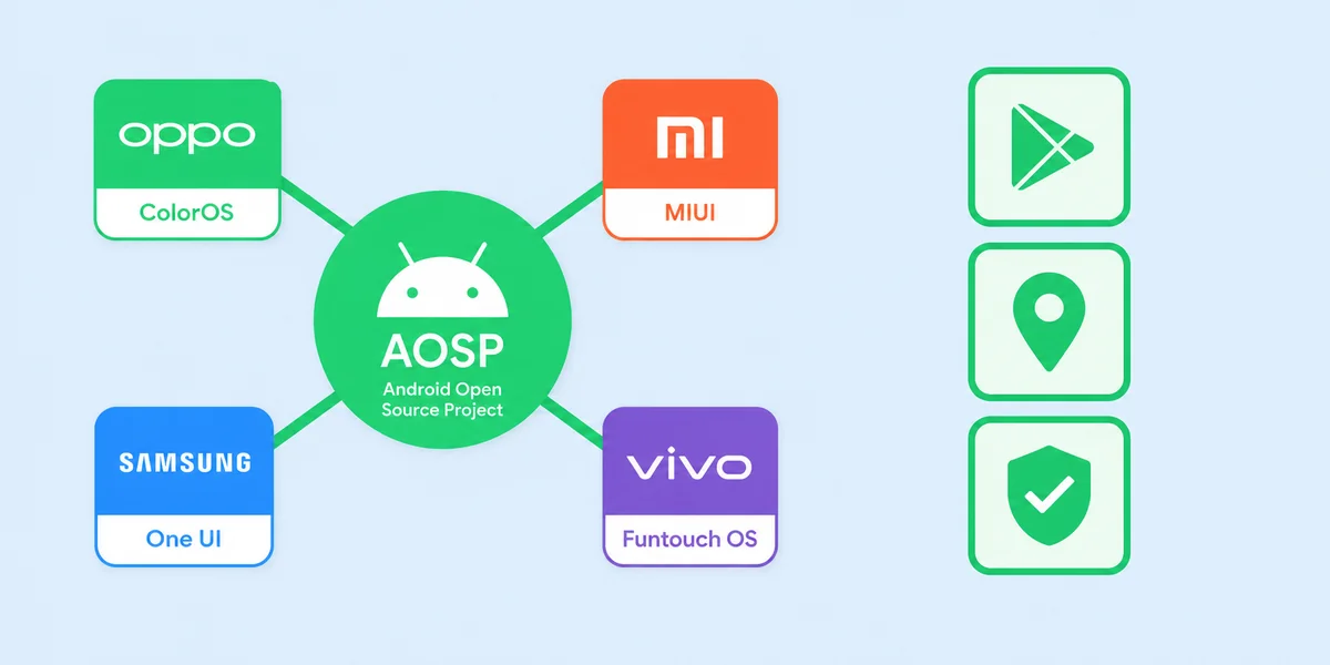 AOSP Google Play Services ve Üretici Katmanları Ekosistem Haritası Android Open Source Project AOSP ve Google Play Services ile üretici özelleştirme katmanlarının ekosistem haritası