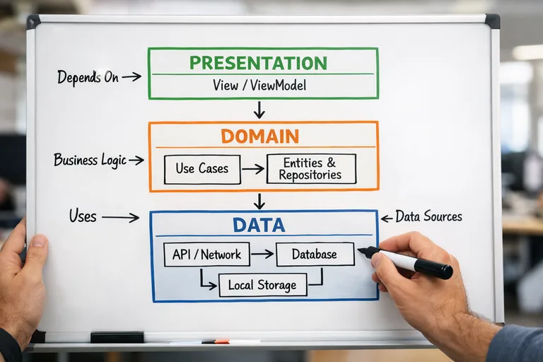 Presentation Domain ve Data katmanlarının bağımlılık yönünü gösteren düzenli modül ayrımı örneği