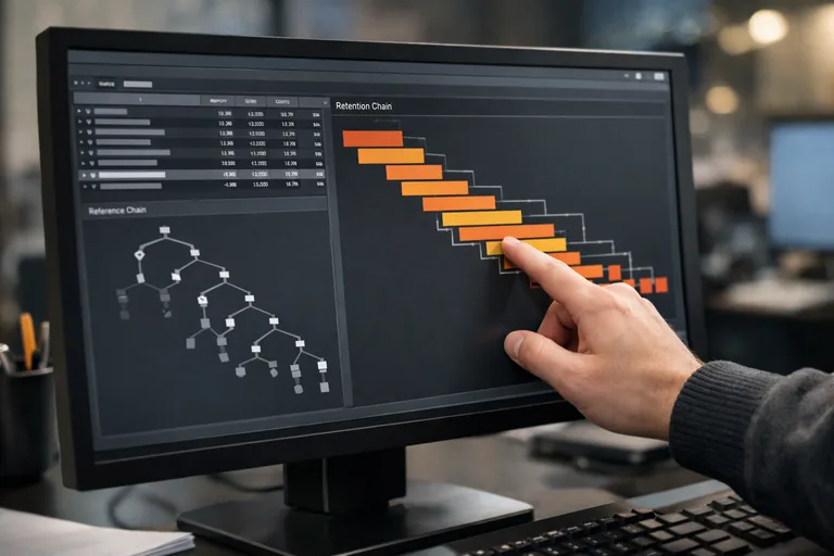 Heap dump içinde Activity referansının bir singleton üzerinden tutulduğunu gösteren referans zinciri ve büyüyen retained size