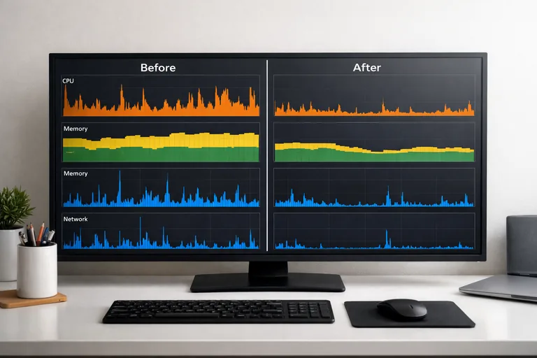 CPU, bellek ve ağ metriklerini tek akışta karşılaştıran; iyileştirme öncesi ve sonrası farkları vurgulayan gösterge paneli düzeni