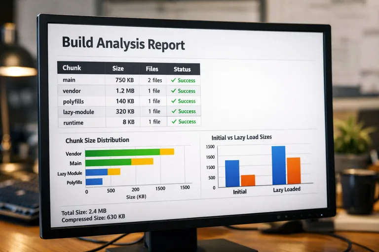 Uygulama derlemesinde oluşan farklı chunk dosyalarının boyut karşılaştırmasını gösteren rapor görünümü