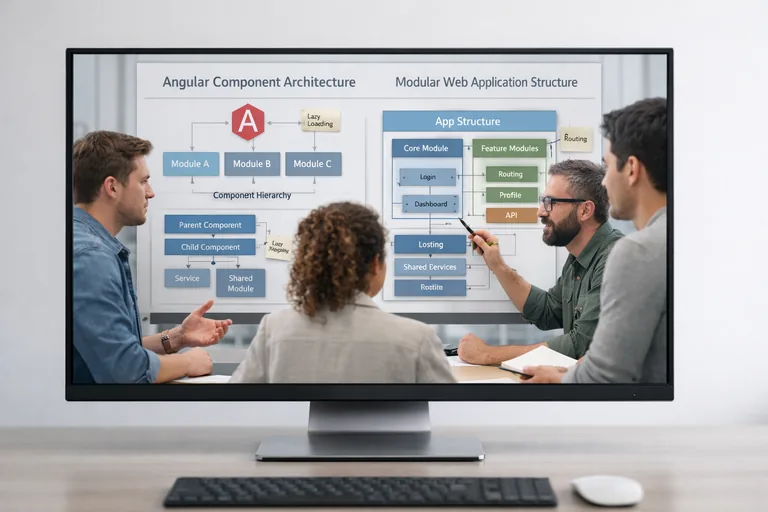 Frontend geliştirme ekibinin büyük monitör üzerinde Angular bileşen yapısı ve modüler mimariyi tartışarak proje planlaması yapması