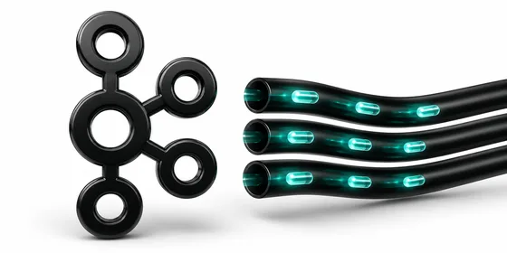 Apache Kafka 3D logosu yanında akış boruları ve mesaj paketleriyle siyah tonlu kompozisyon