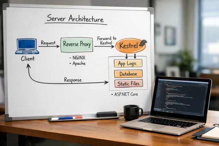 Sunucu tarafında Kestrel, ters proxy ve uygulama bileşenlerinin katmanlı şekilde konumlanması
