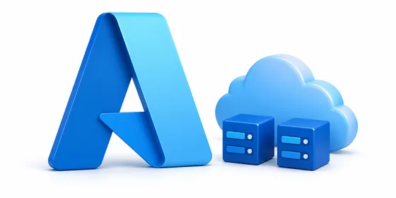 Azure 3D logosu yanında bulut ve sanal makine küpleri ile mavi tonlu kompozisyon