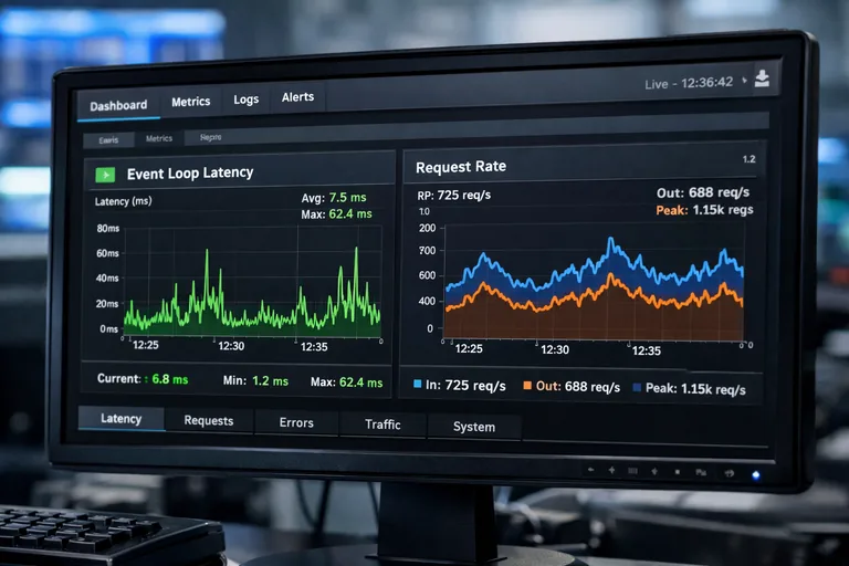 Gecikme ve throughput değerlerini gösteren bir izleme ekranında event loop gecikmesinin ölçüldüğü grafik