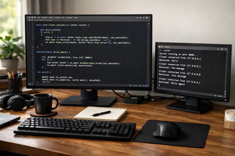 C++ kod düzenleyicide coroutine akışını gösteren fonksiyon ve yanında çalışan sunucu süreçlerinin durum ekranı