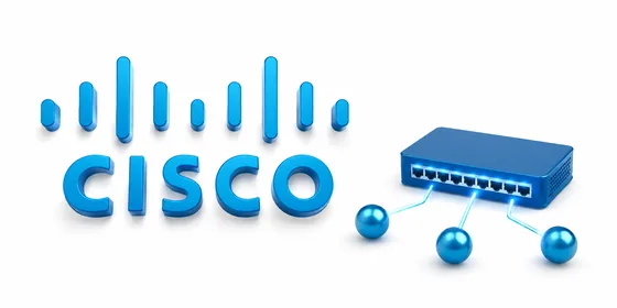 Cisco 3D logosu yanında ağ anahtarı kutusu ve bağlantı düğümleri ile mavi tonlu kompozisyon