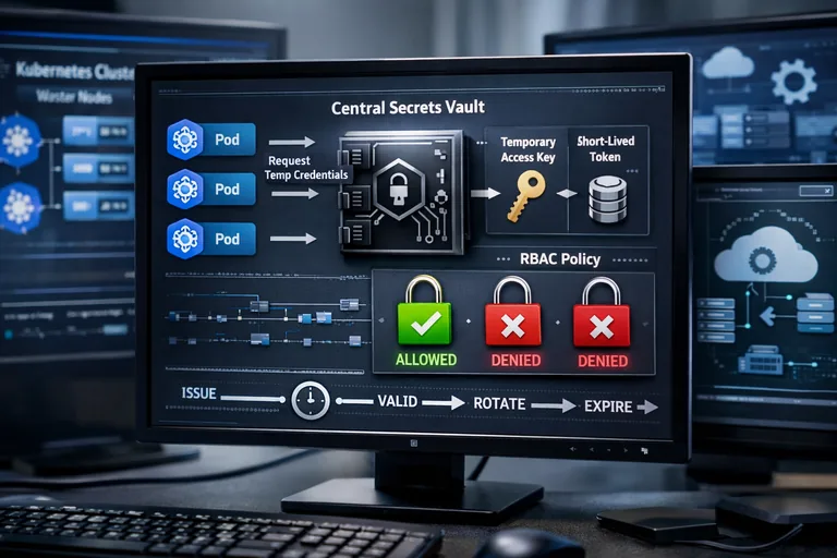 Kubernetes üzerinde uygulamanın, merkezi kasadan kısa ömürlü yetkiyle secret alıp pod içinde kullanması akışı