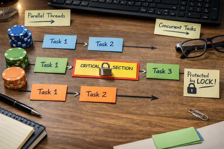 Bir çok iş parçacığı çizgisi üzerinde mutex kilidiyle korunan kritik bölgeyi ve otomatik kilit bırakmayı anlatan şema