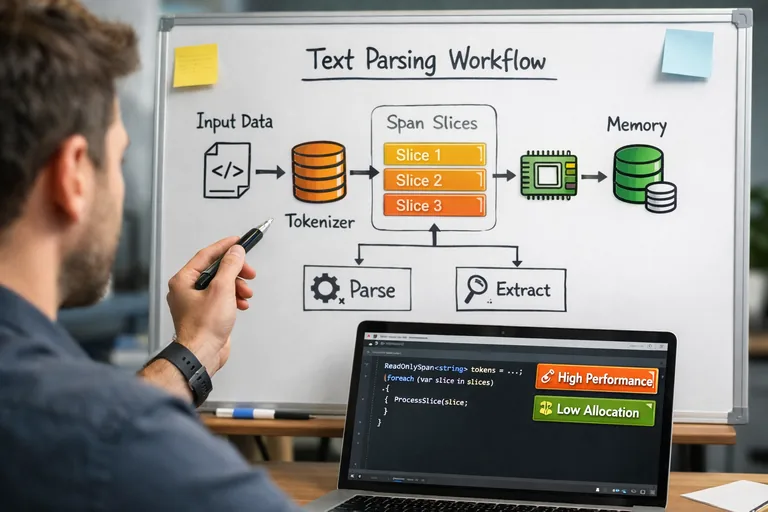Metin ayrıştırmada indeks tabanlı ilerleme ve kopyasız dilimleme yaklaşımını anlatan akış şeması