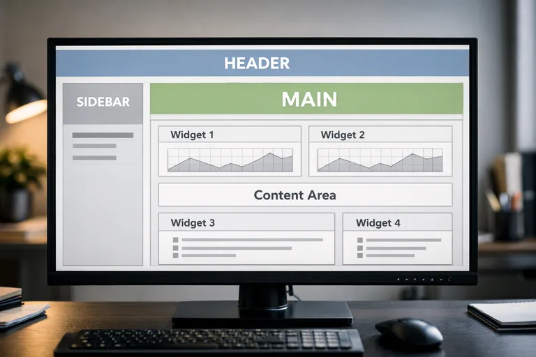 Dashboard düzeninde kenar menü, üst bar ve ana içerik bölgesinin ızgara mantığıyla ayrıldığı şema
