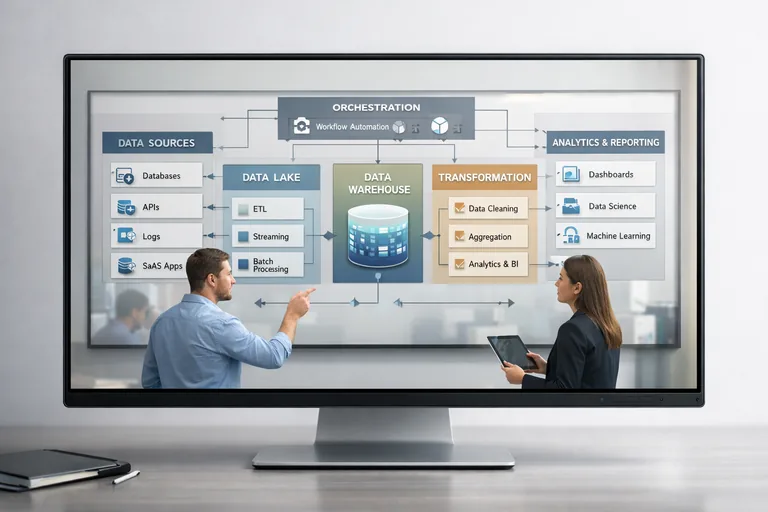 Veri kaynaklarından veri gölüne ve veri ambarına uzanan çok katmanlı mimarinin adımlarını açıklayan yapı