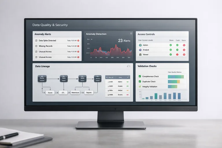 Veri kalitesi kontrolleri, güvenlik politikaları ve izleme panellerinin tek süreçte ele alındığını gösteren ekip çalışması