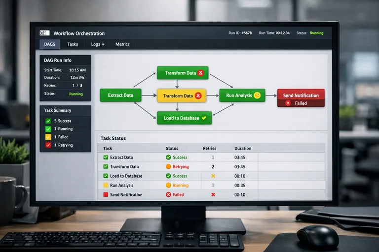 DAG düğümleri arasında bağımlılıkları ve yeniden deneme kurallarını gösteren orkestrasyon ekranı
