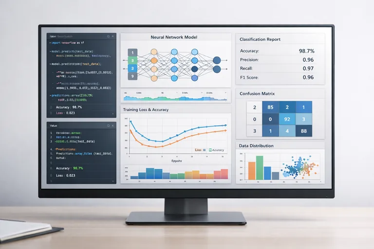 yapay zekâ algoritmaları kullanarak veri analizi yapan ekranlar ve derin öğrenme model çıktılarıyla çalışan yazılım geliştirici