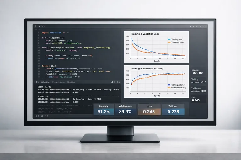 python ile derin öğrenme modeli geliştiren yazılımcının kod editörü ve eğitim sürecini izleyen grafikler