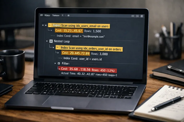 Sorgu planında indeks taraması ve sıralama maliyetinin işaretlendiği bir analiz ekranı düzeni