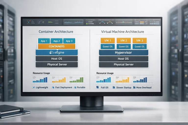 Container ile sanal makine yaklaşımını kaynak kullanımı, hız ve dağıtım kolaylığı üzerinden karşılaştıran teknik düzen