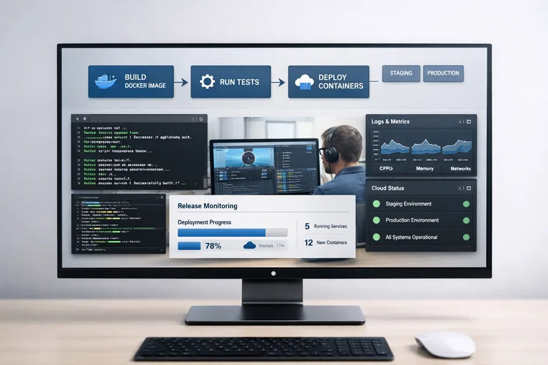 CI CD akışı içinde image üretimi, container dağıtımı ve ekiplerin aynı ortamda çalışma düzenini açıklayan süreç