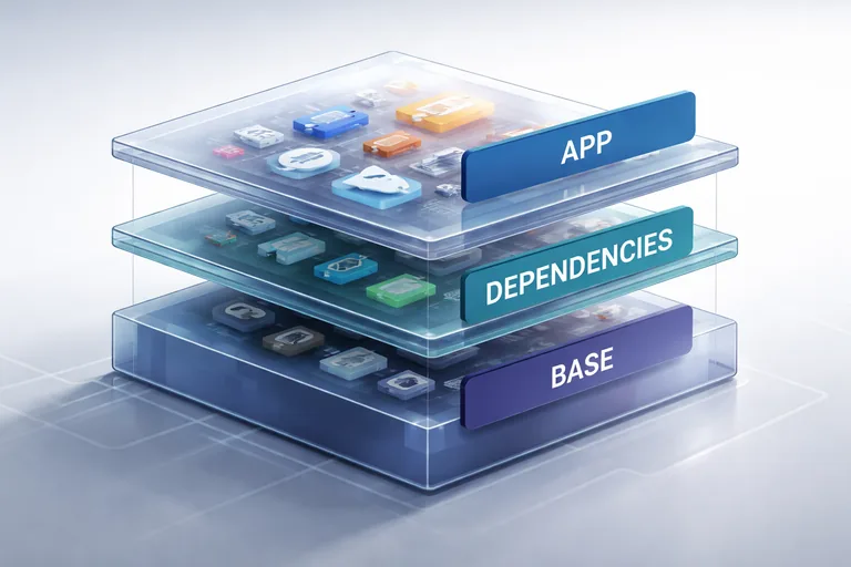 Katmanlı dosya sistemiyle ortak taban katmanların tekrar kullanılmasını ve hızlı çekme sürecini anlatan düzen