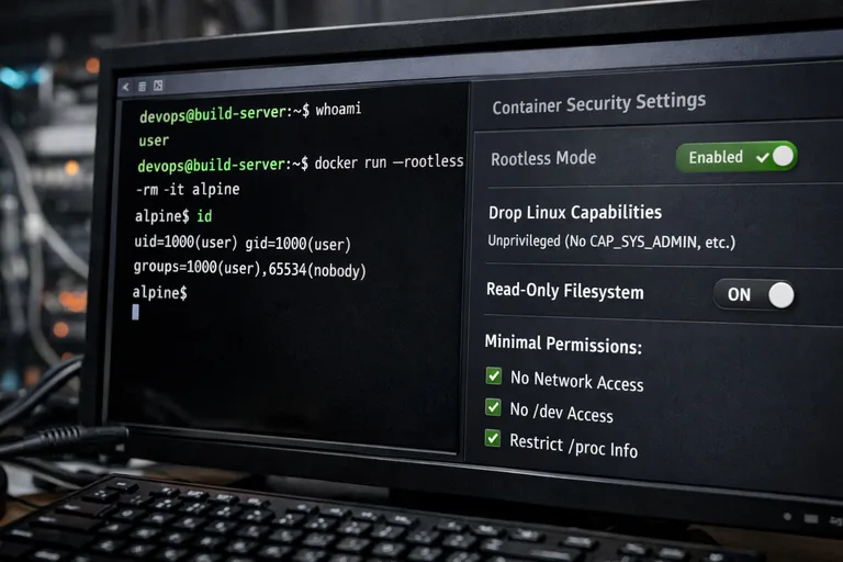 Rootless yaklaşımıyla çalışan bir serviste kısıtlı yetkiler, salt okunur dosya sistemi ve minimal capabilities kullanımını anlatan düzen