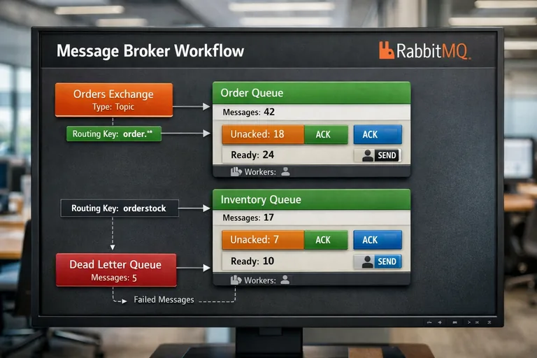 RabbitMQ kuyrukları ve exchange yapısıyla yönlenen komutların tüketiciler tarafından paralel işlendiği akış diyagramı