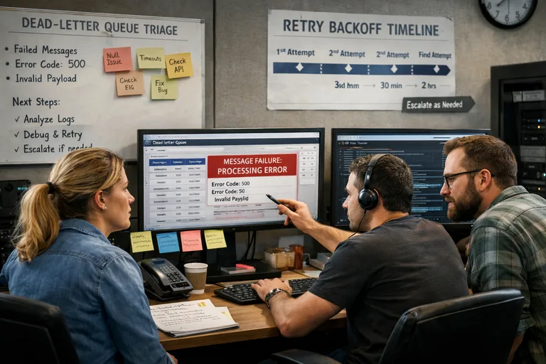 Hatalı mesajların DLQ hattına ayrılıp analiz edildikten sonra kontrollü biçimde yeniden işlenmesini gösteren operasyon akışı