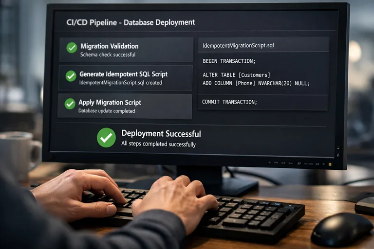 CI hattında migration doğrulaması, idempotent script üretimi ve veritabanı testlerinin akış halinde gösterildiği düzen