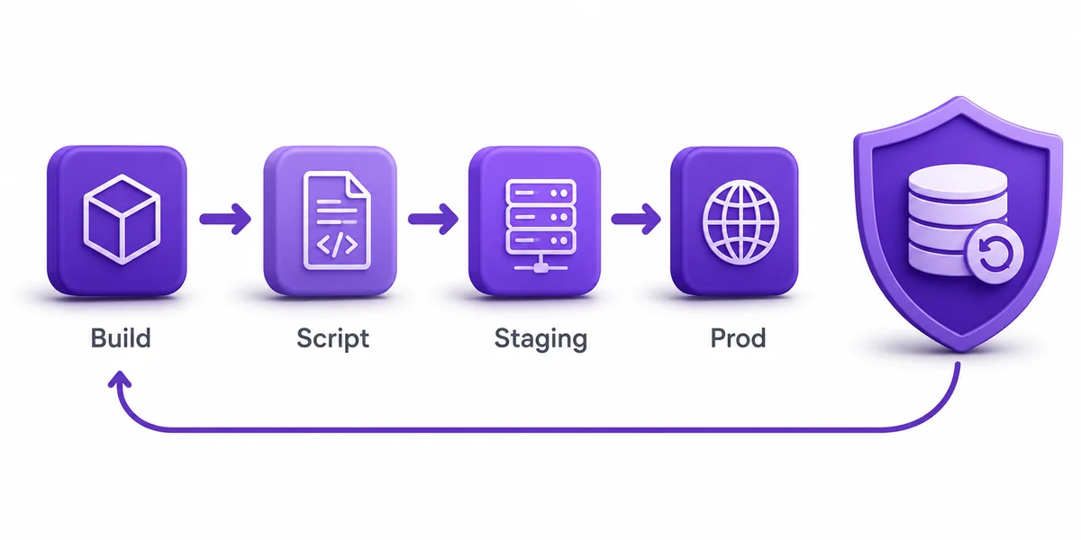 CI migration pipeline ve rollback kalkanı diyagramı Build, script, staging ve prod aşamalı CI pipeline akışı yanında geri alma okuyla yedek kalkanı sembolü