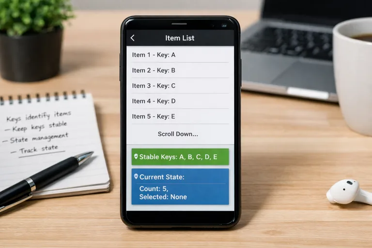 Liste öğelerinde stabil kimlikler ve key yaklaşımıyla kaydırma sırasında tutarlı element eşleşmesini anlatan örnek düzen