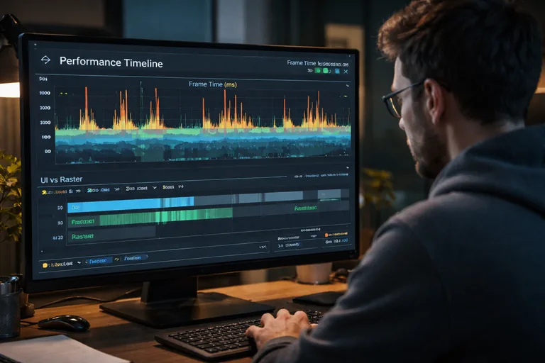 Performans analizi sırasında frame sürelerinin ve rebuild etkisinin izini sürmeye odaklanan geliştirici masası ve ekran görünümü