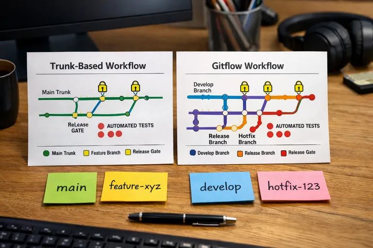 Trunk-based ve GitFlow akışlarının karşılaştırıldığı, yayın kapıları ve otomatik test adımlarını vurgulayan şema