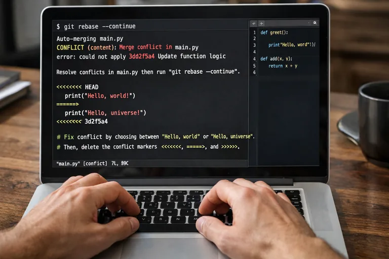 Komut satırında rebase sırasında ortaya çıkan conflict işaretleri ve yanında test çalıştırma adımı
