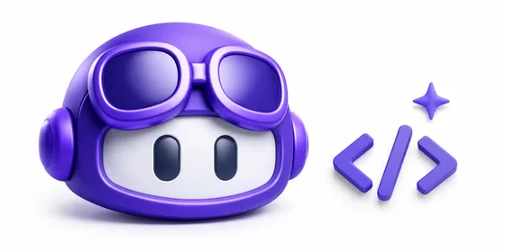 GitHub Copilot 3D pilot gözlüğü logosu yanında kod parantezleri simgesiyle mor tonlu kompozisyon
