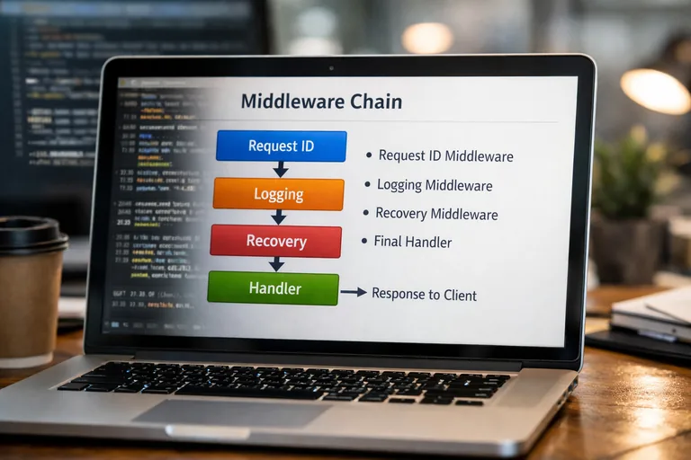 İstek akışında request id, logging ve recovery katmanlarının sırayla işlendiği, yanıt kodlarına göre log seviyesinin ayrıştığı şema