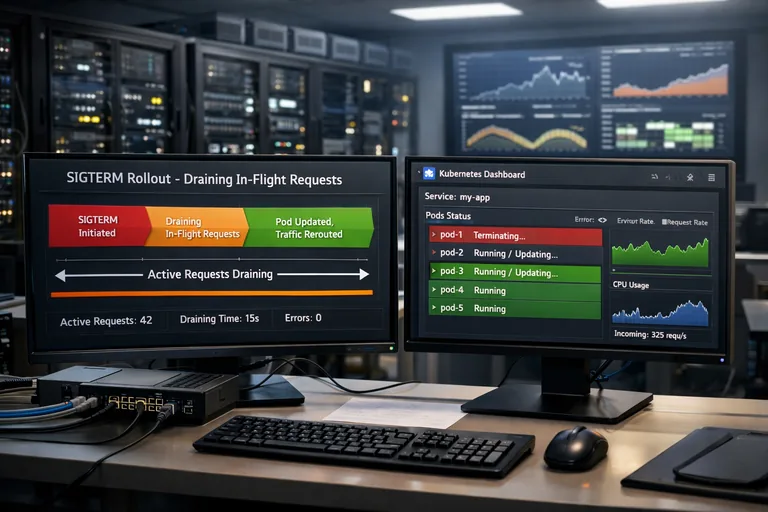 Kubernetes üzerinde çalışan Go servisinde SIGTERM sonrası bağlantı kabulünün durması ve aktif isteklerin süre sınırıyla tamamlanmasını anlatan zaman çizelgesi