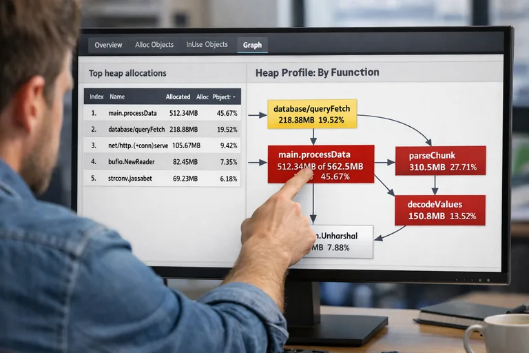 Heap analizinde en çok bellek ayıran fonksiyonların çağrı zinciriyle birlikte öne çıktığı grafik ve özet tablo