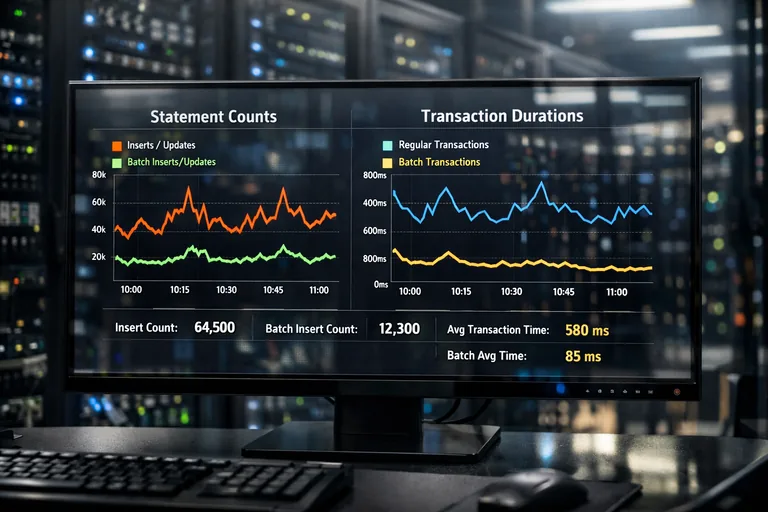 İstatistik ekranında statement sayısı ve işlem süresi metrikleriyle batch etkisinin karşılaştırmalı izlenmesi