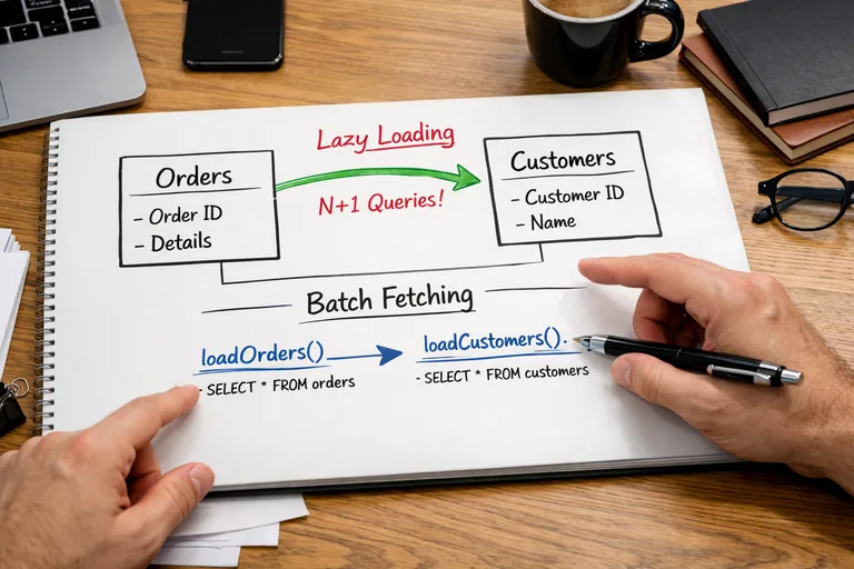 Sipariş ve müşteri ilişkilerinde lazy ve batch yaklaşımının sorgu sayısını düşürdüğünü anlatan örnek akış diyagramı