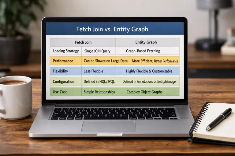 Fetch join ve EntityGraph seçeneklerinin farklı ekran ihtiyaçlarına göre nasıl seçildiğini anlatan karşılaştırmalı tablo