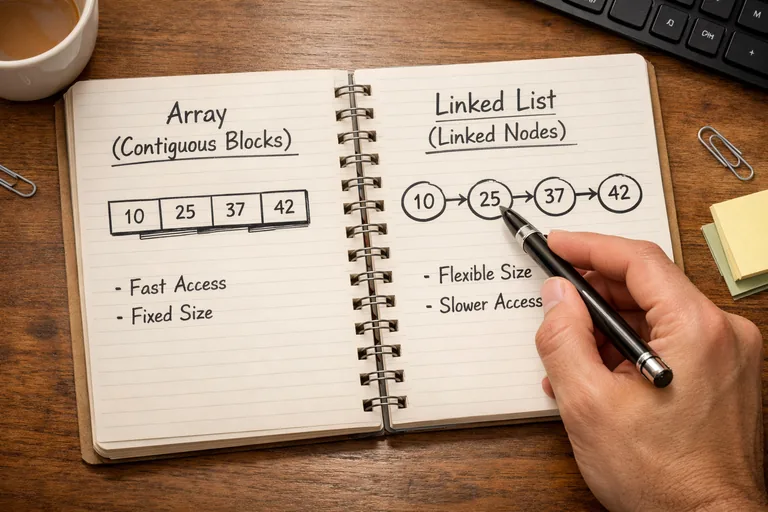Bağlı liste düğümlerinin bellekte dağınık yerleşimi ve ardışık dolaşımda önbellek kaçırmalarını açıklayan diyagram