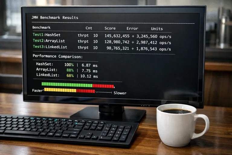 JMH çalıştırma çıktısı ve ArrayList ile LinkedList iterasyon sürelerini karşılaştıran terminal ekranı ve notlar