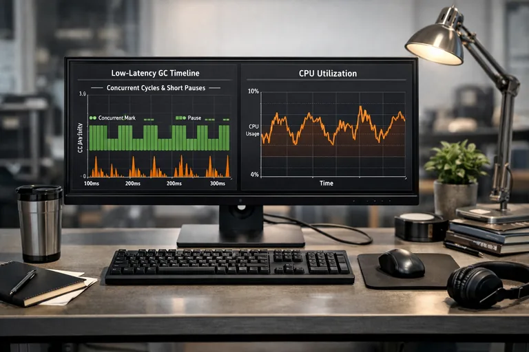 Düşük gecikme odaklı JVM’de concurrent GC döngüsü; kısa duraklamalar ve artan CPU kullanımı birlikte izleniyor
