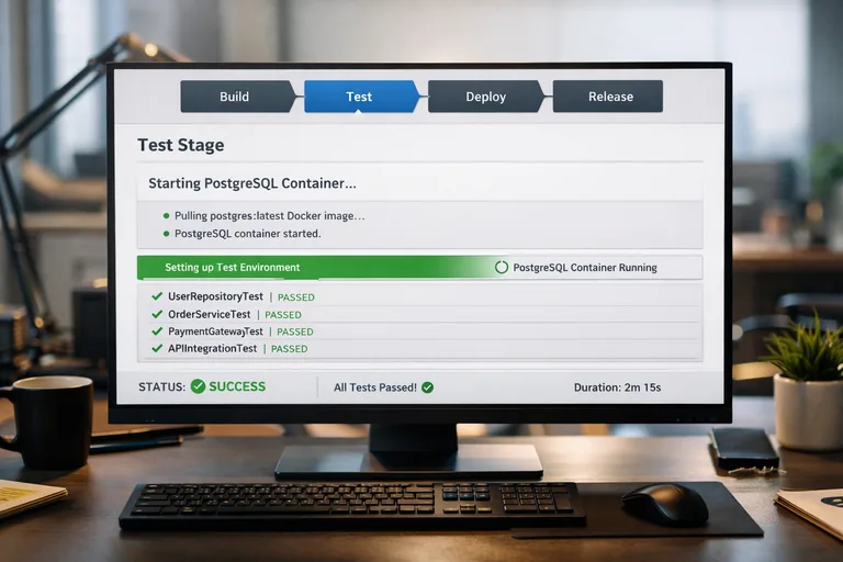 CI pipeline ekranında test aşamasında PostgreSQL container başlatılıp testlerin başarıyla tamamlanmasını vurgulayan akış diyagramı