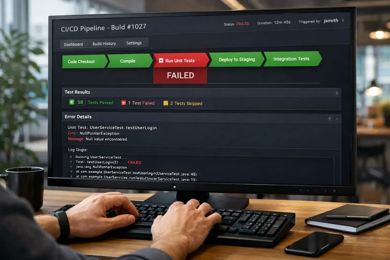 CI hattında testlerin paralel çalışıp raporlandığı ve hatalı adımın kırmızı vurgulandığı ekran