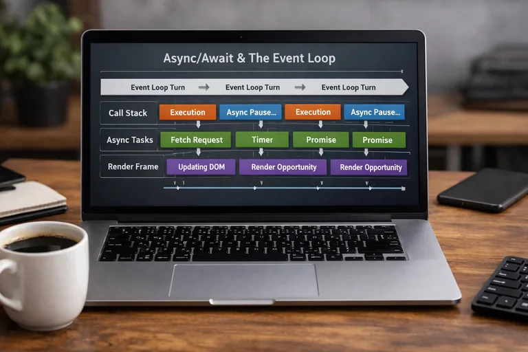 Async akışın adımlarını ve render aralarındaki fırsat pencerelerini anlatan zaman çizgisi yaklaşımı