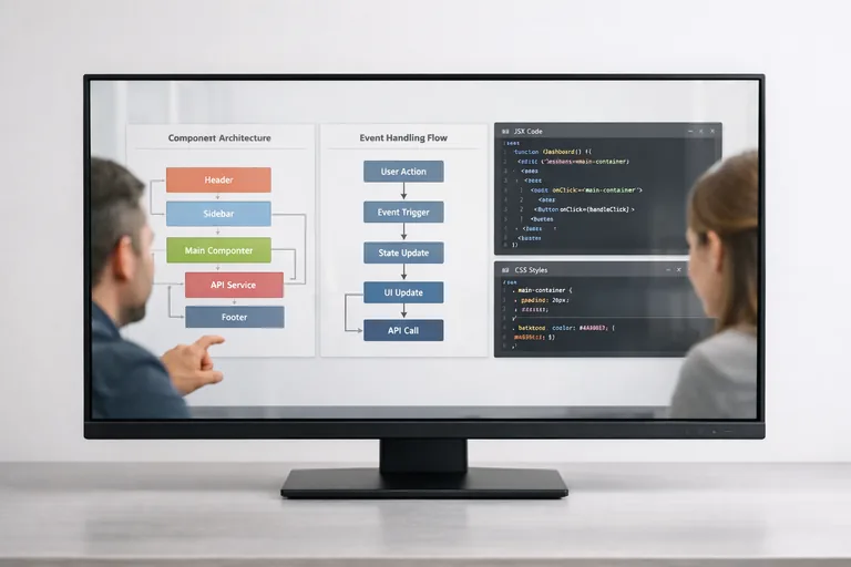 Kod editöründe bileşen yapısı, olay yönetimi ve veri akışını birlikte inceleyen geliştirme ekibi