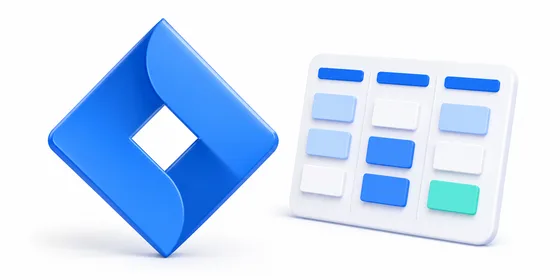 Jira 3D logosu yanında kanban panosu kartları simgesiyle mavi tonlu kompozisyon