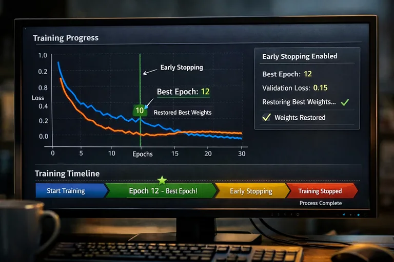 Early stopping ile en iyi doğrulama noktasında eğitimin durdurulmasını ve en iyi ağırlıkların geri yüklenmesini anlatan süreç